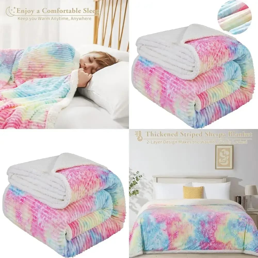 King Size Striped Sherpa fleece blanket, ultra soft, luxurious double-sided velvet sofa cover (Arcobaleno, 90x104)