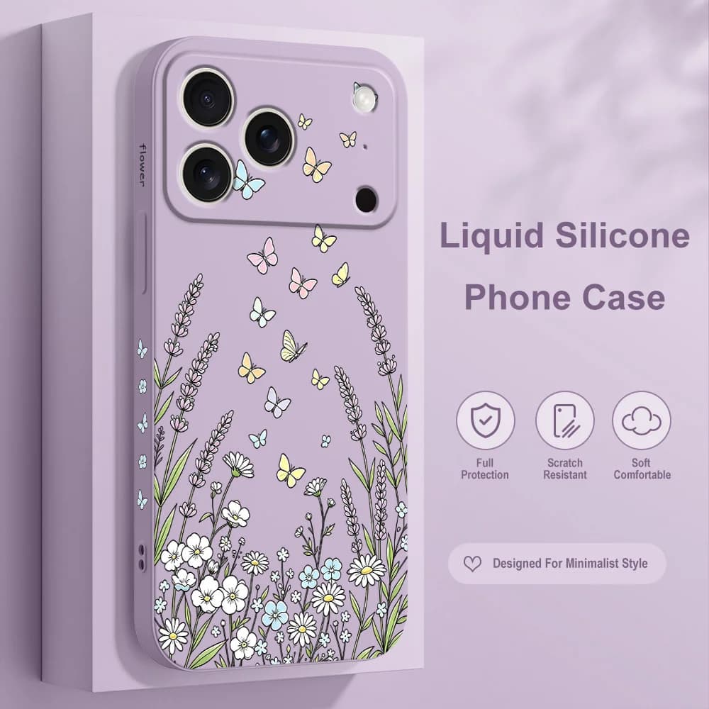 Grass Butterfly Phone Case For iPhone 17 17E Air 16 16E 15 14 13 12 11 Pro Max Plus Liquid Silicone Soft Cover