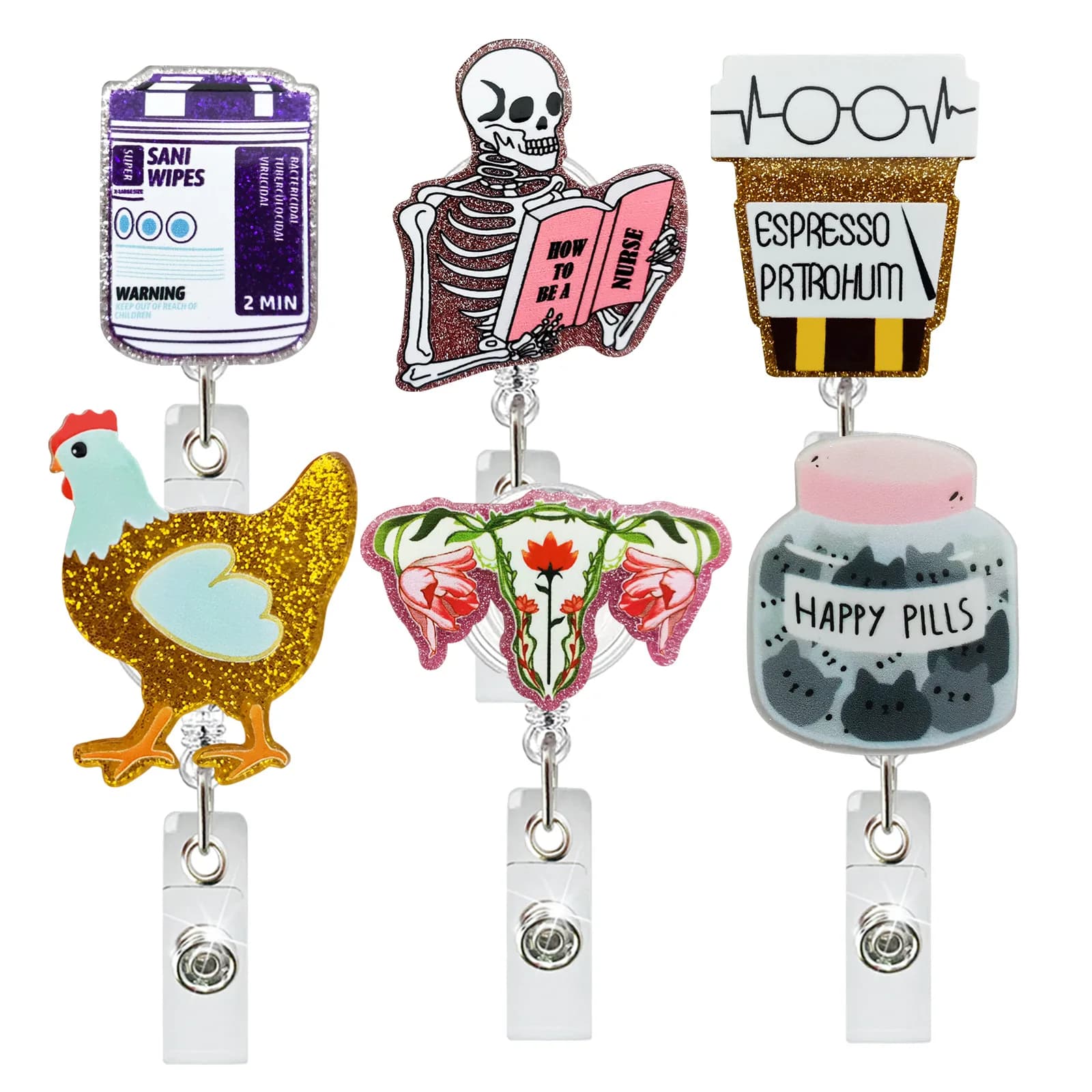 Acrilico Glitter scheletro utero medicina bottiglia retrattile Badge Reel girevole coccodrillo Clip ID Badge Holder per medico infermiere