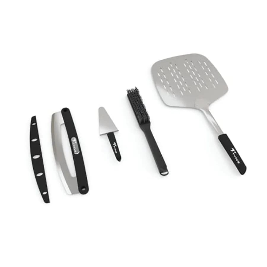 Set di 4 Utensili per Forno Pizza - Pala da 30x30 cm, Paletta a Dondolo Affilata e Spazzola in Nylon per Forno Pizza a Legna/Gas