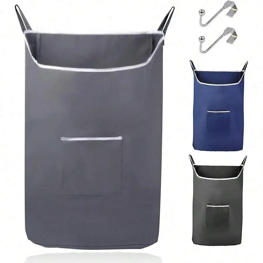 Hanging Laundry Hamper With Over Door Hooks & Adhesive, Durable Space Saving Laundry Bag With Zipper And Wide Open Top, Hanging