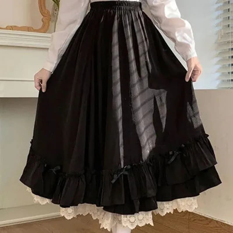 Women Japanese Ruffle Pleated A Line Skirt High Waist Loose Ankle Length Patchwork College Casual Long Bottom