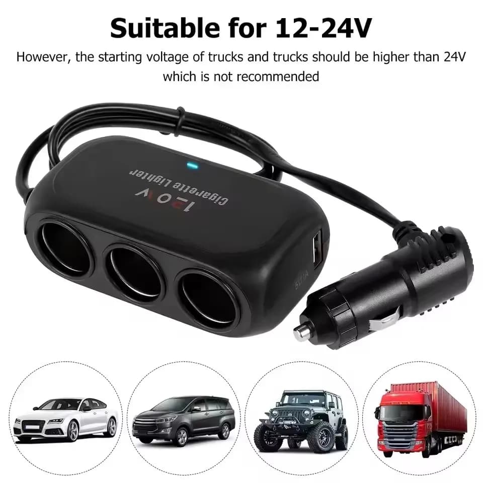 Adapter for Cars with 3 cigarette lighter sockets, Dual USB port and LED, Fast charger for iPhone, GPS, Dashcam, 12V/24V