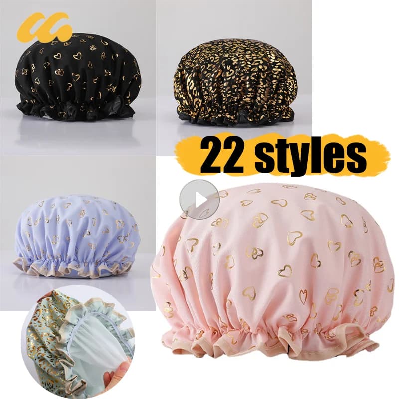 Cuffia da doccia Doppi strati Cappello da doccia multifunzionale Stampa dorata Capelli in cotone poliestere Bagno antipolvere traspirante e impermeabile