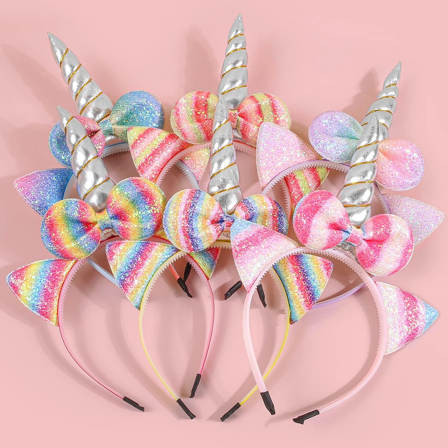 2/6pcs Gradient Sparkling Pink Cat Ear Bow Unicorn Headband For Girls Party Plastic Teeth Headwear For Kids Hair Accessories