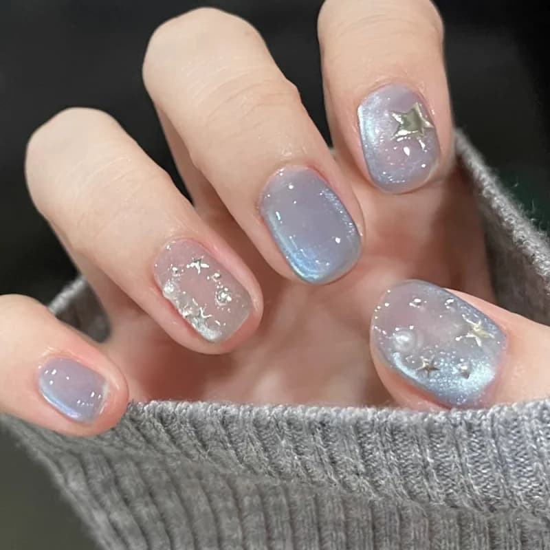 24pcs Cute Cat's Eye Fake Nails Tips Art Star Moon Short Square False Nail Blue Full Cover Glitter Finished Press on Nails Sets
