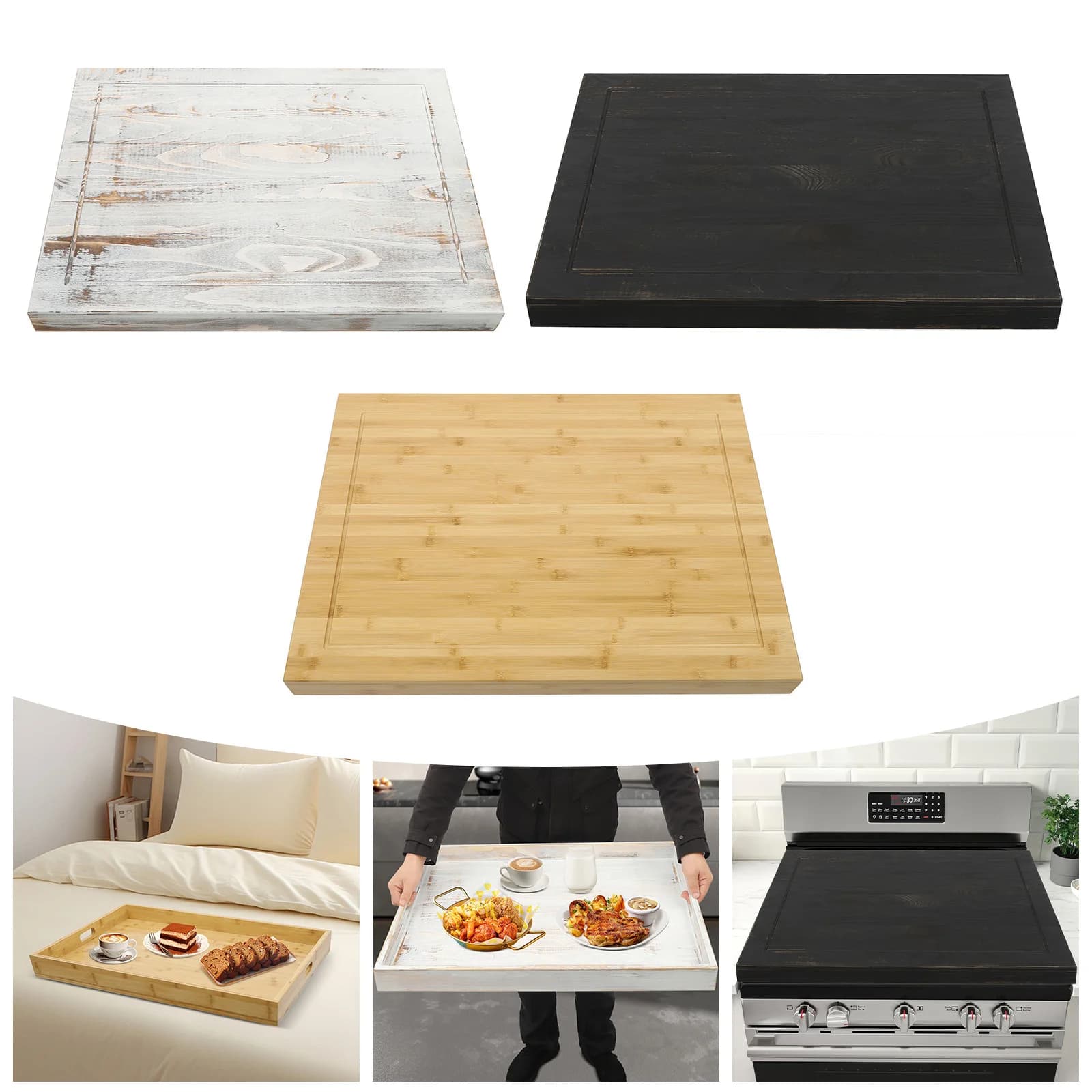 Copertura per piano cottura in legno di pino da 30 * 22 pollici, bianco vecchio/nero/colore tronco rettangolare bordo per noodle copertura da piano cottura per cucine, credenze