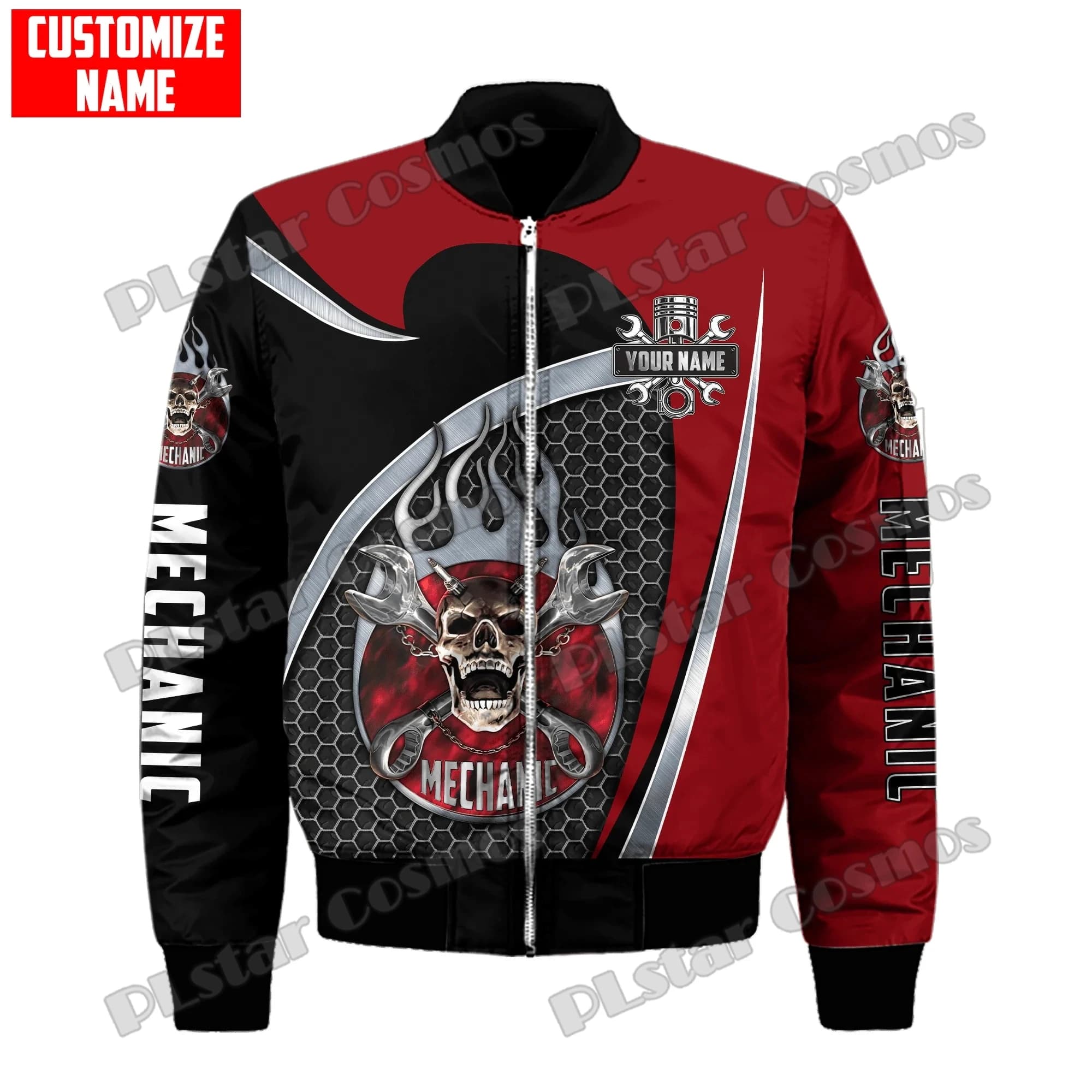 Nome personalizzato Meccanico Modello teschio Giacca bomber da uomo stampata in 3D Cappotto invernale unisex casual caldo con cerniera spessa FX-23