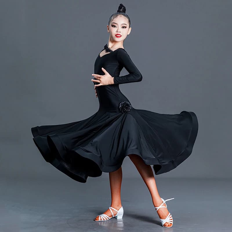 Abito da ballo per ragazza, nero, a maniche lunghe, per danza standard e moderna, abbigliamento da palcoscenico, per bambini, per pratica di valzer VDB7973