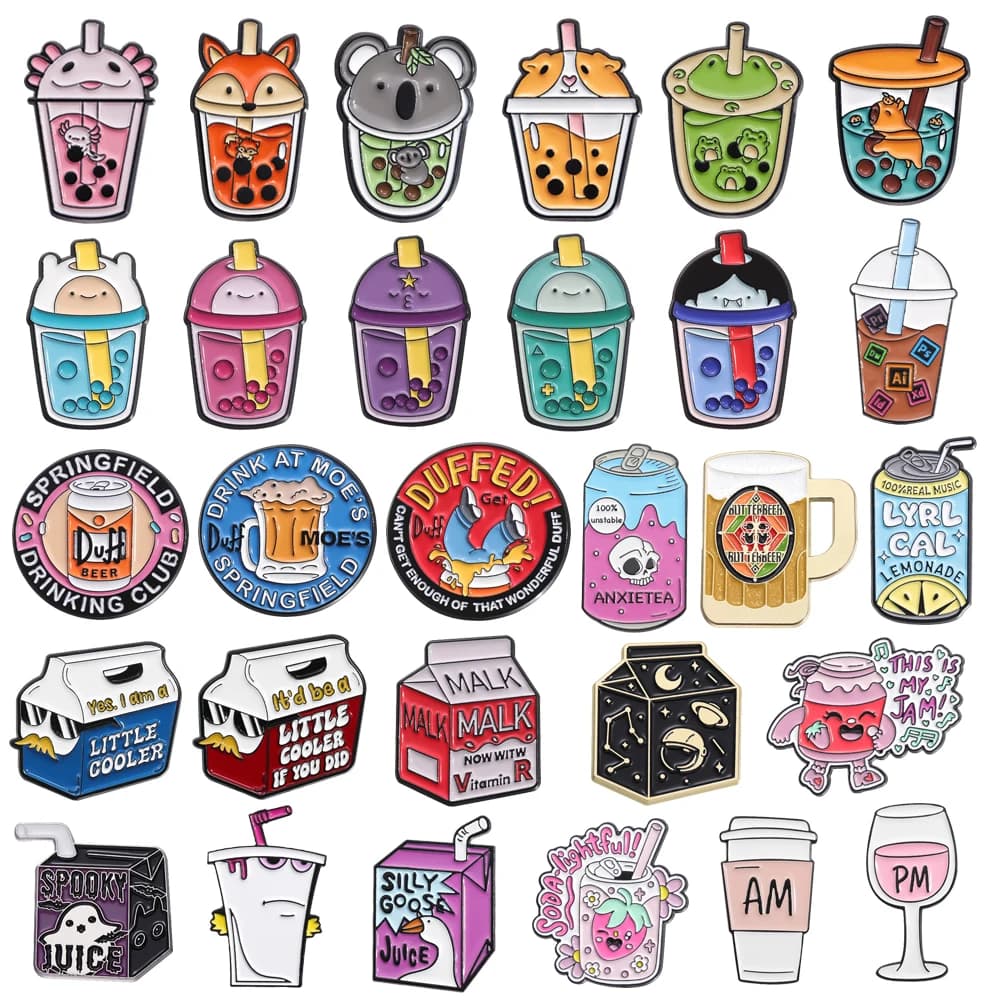 Cartoon Drink Spilla Animale Bubble Tea Ps Software Succo di birra Occhiali da sole Latte Pianeta Anatra Bicchiere di vino Distintivo Punk Pin Gioielli Regalo