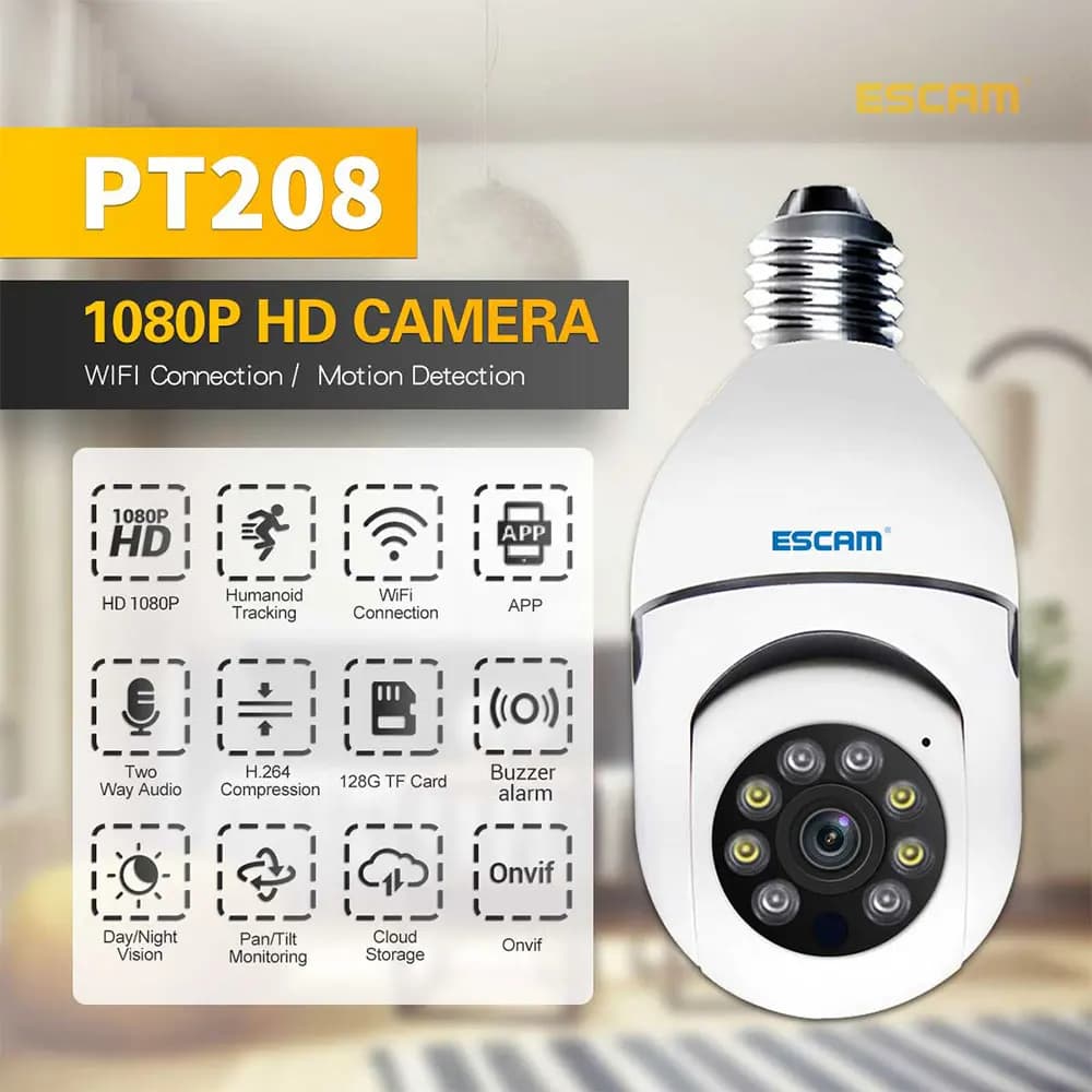 ESCAM PT208 2MP 1080P a colori E27 Presa testa lampada Telecamera IP PTZ AI Rilevazione movimento umanoide Onvif Interfono Baby Monitor