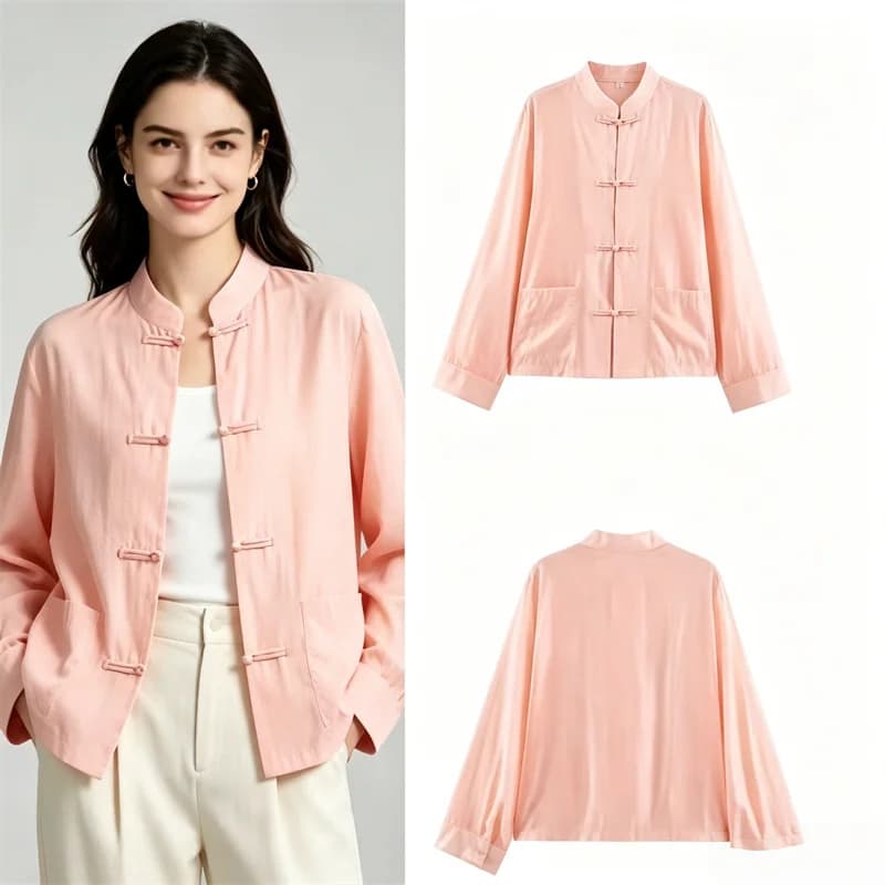 2026 New Chinese Style Mandarin Collar Frog Button Shirt Women Satin Loose Long Sleeve Casual Blouse With Pockets