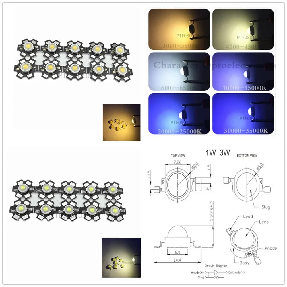 Diodi di cristallo con chip per lampadina LED ad alta potenza 1W 3W bianco freddo/caldo 3500K 6500K 10000K 20000K 30000K con base a stella AL da 20 mm