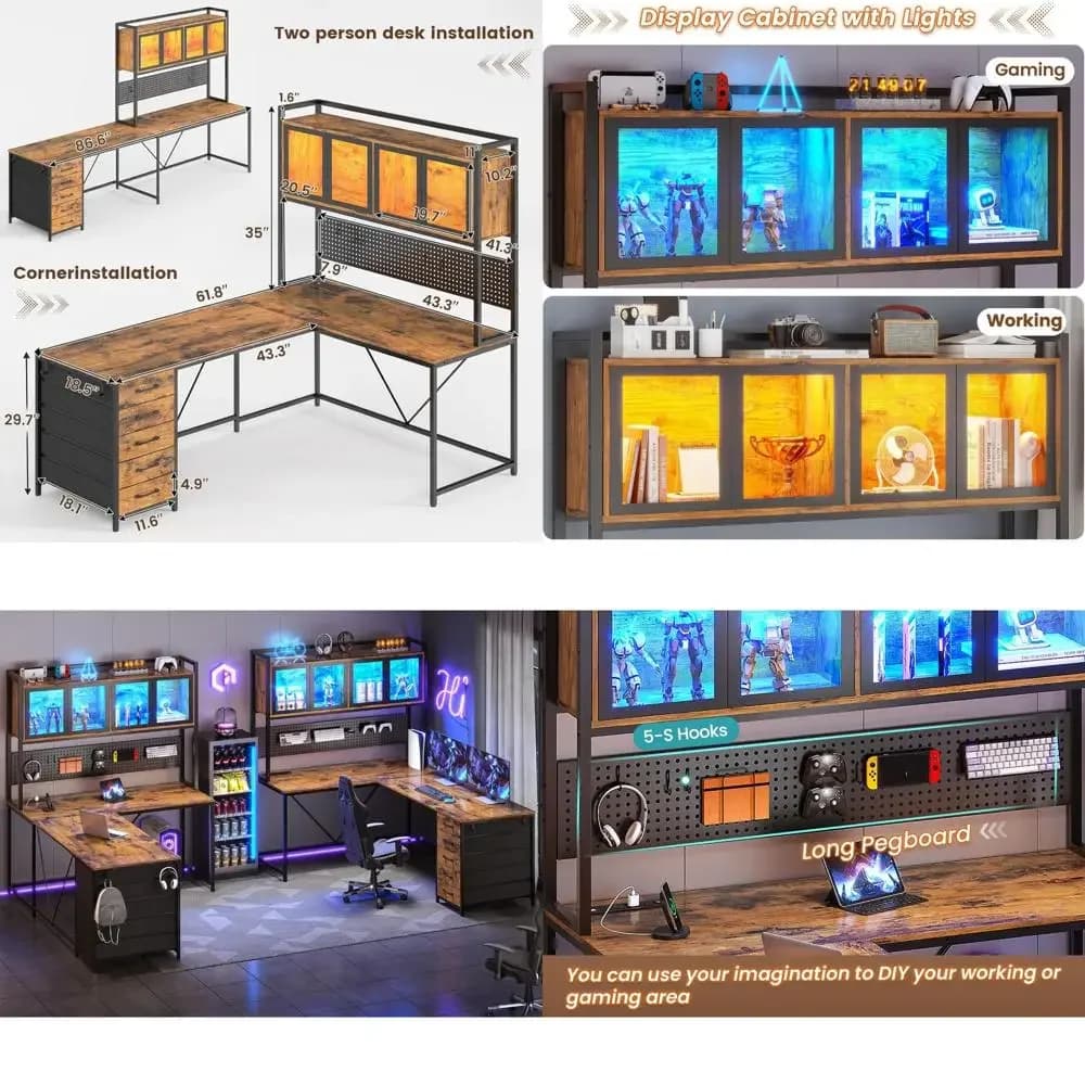 Scrivania da gaming angolare bestseller con cassetti portaoggetti, scrivania a L con pensili e scaffalature, scrivania con pannello forato e illuminazione a LED