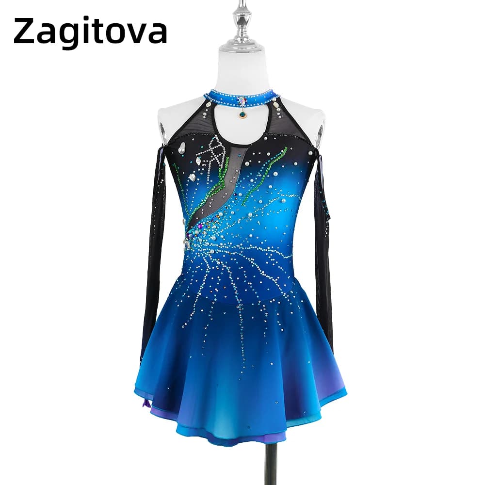 Zagitova Abito da pattinaggio di figura Gonna da pattinaggio su ghiaccio per ragazze da donna Gonna a rete con diamanti lucidi stile designer con perle sfumate