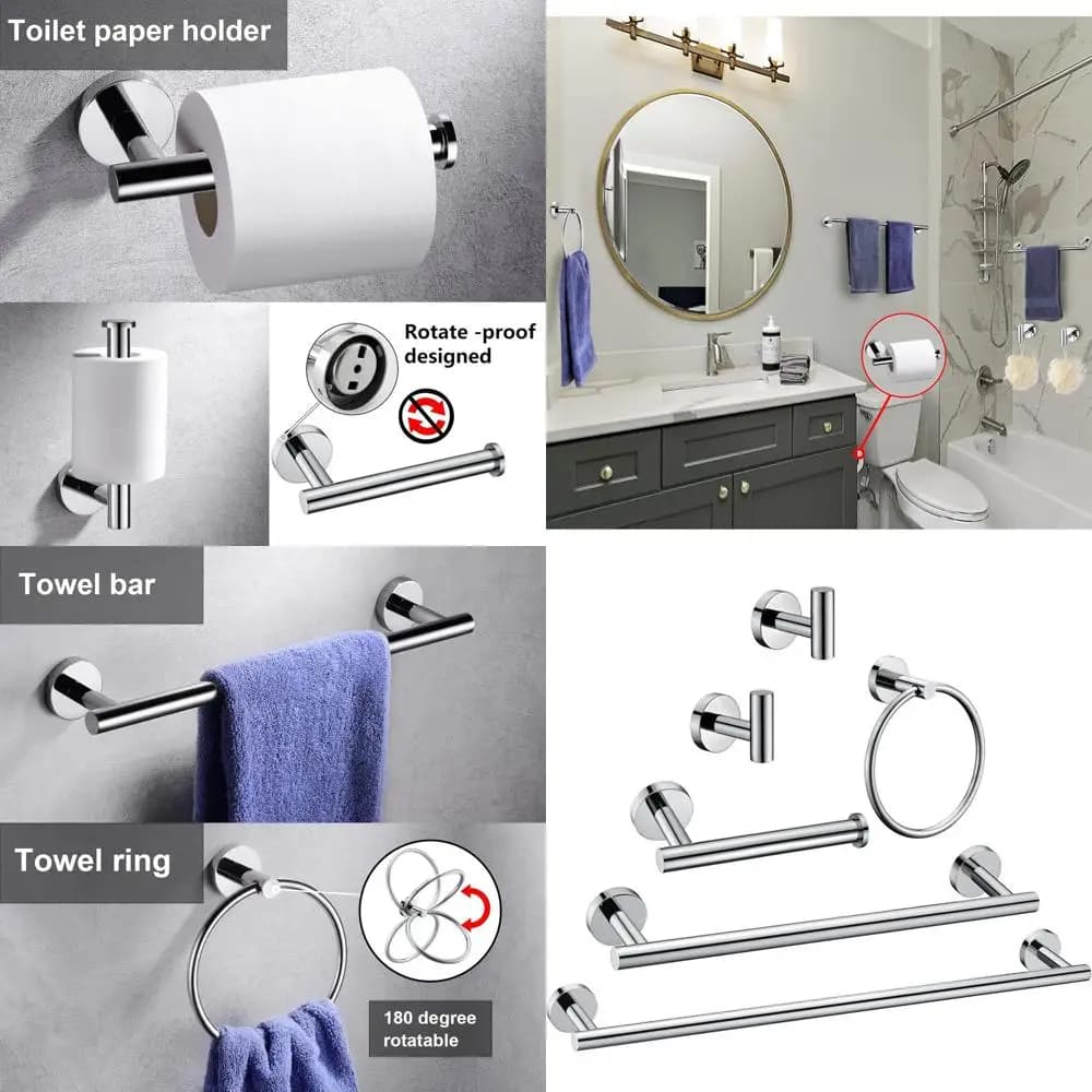 Set di accessori per il bagno in cromo lucido da 6 pezzi: anello portasciugamani, portasciugamani rotondo, porta carta igienica, ganci, resistente, montaggio a parete