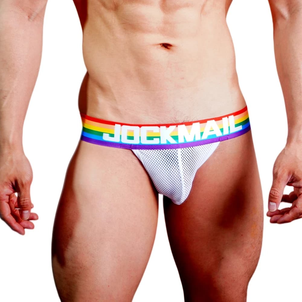 Marca JOCKMAIL, Set di 2 Pezzi, Intimo Maschile, Jockstrap, Perizoma in Rete di Nylon, Sexy Arcobaleno, Slip Traspiranti