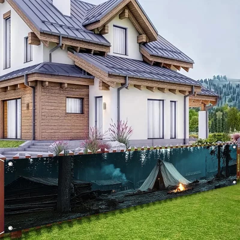 2D plane, 1 piece of forest camping theme party banner, with tent and campfire design