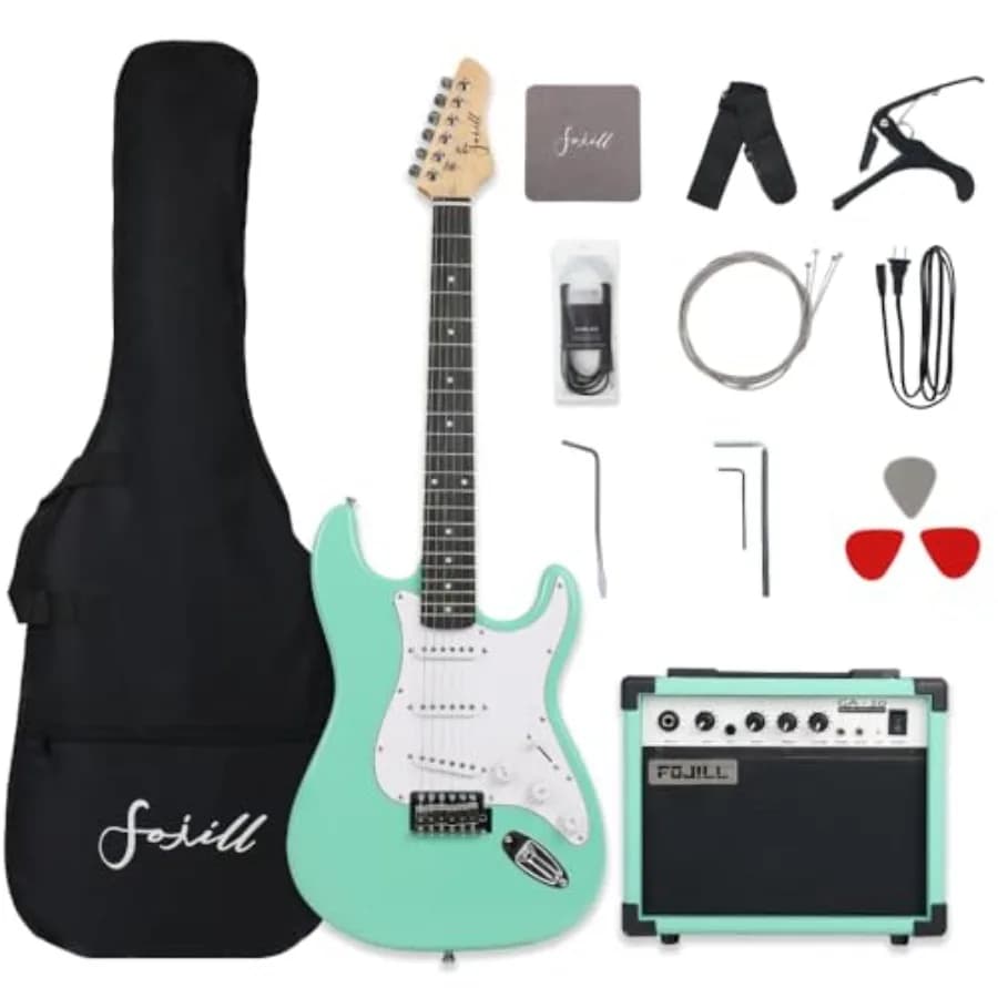 Kit Chitarra Elettrica da 39 Pollici per Principianti con Amplificatore da 20W, Borsa Imbottita, Plettri, Cavo, Tracolla e Corde Extra in Nero