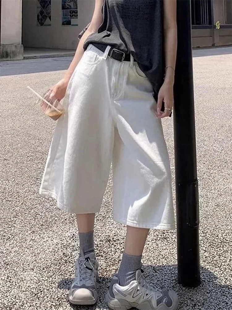 White Wide Leg Seven-Foot Denim Shorts Women Summer American Retro High Waist Loose Slimming Large Size Straight Tube Mid-Pants