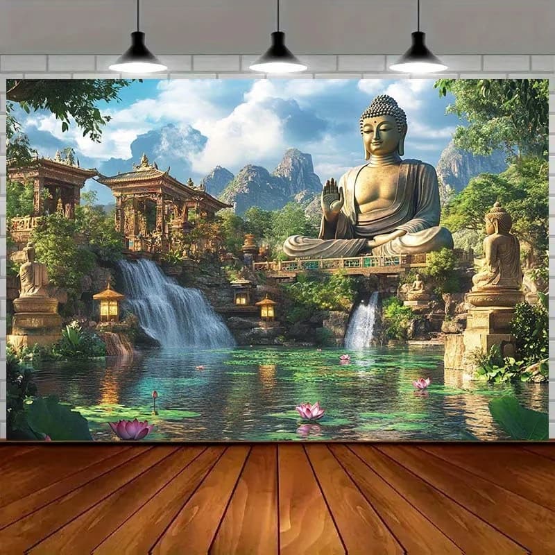 Mountain Buddha Tapestry, Serene Landscape with Temple and Waterfall, Zen Wall Hanging for Living Room Bedroom Decor