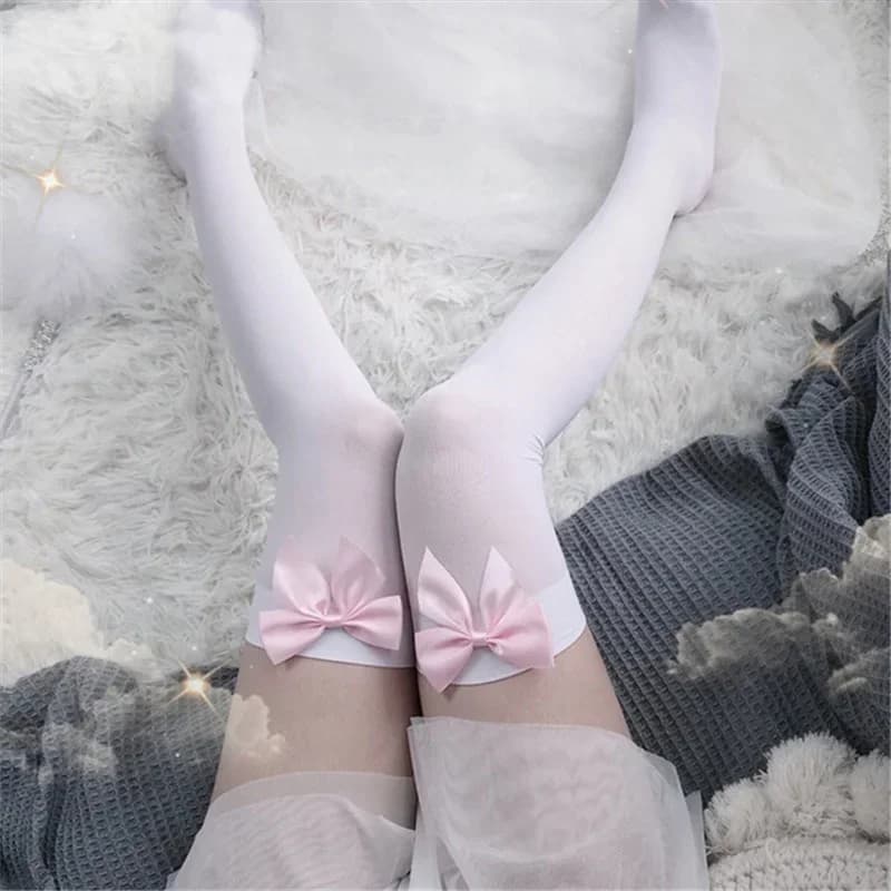 Calze da donna sexy Fiocco rosa Stay Up Calze di seta alte da donna Dolce JK Lolita Bowknot Calzini lunghi Calze da studente