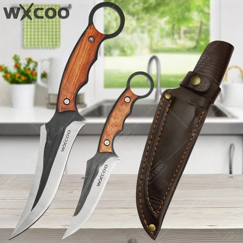 Coltello da Cucina WXCOO in Acciaio Inox, Manuale, Forgiato a Mano, Multifunzione, per Disossare, Sbucciare, Macellai, Frutta, con Manico in Legno, per BBQ