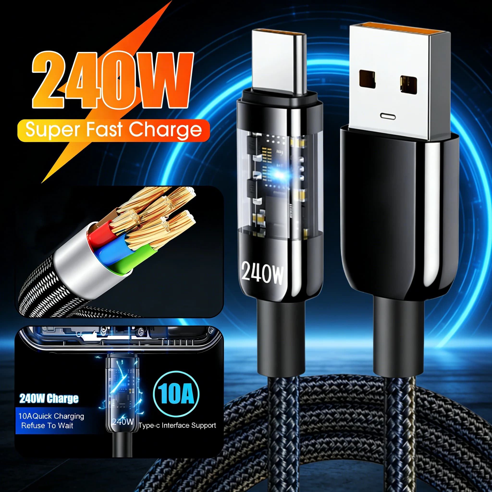 Cavo di Ricarica Rapida USB a Type C 240W QC3.0 10A, Cavo Dati Intrecciato in Nylon con Display Digitale LED per Samsung Xiaomi 15 Huawei