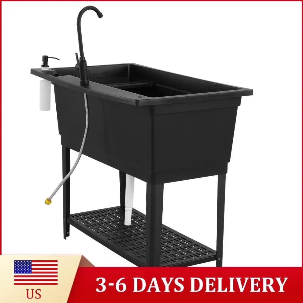Lavatoio multiuso con rubinetto in acciaio inox e dispenser sapone, lavabo autoportante in plastica per lavanderia, cortile e giardino
