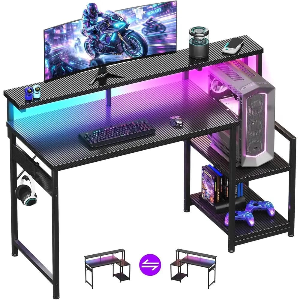 LED-Illuminated 48 Gaming Desk with Storage and Reversible Monitor Stand in Carbon Fiber Black