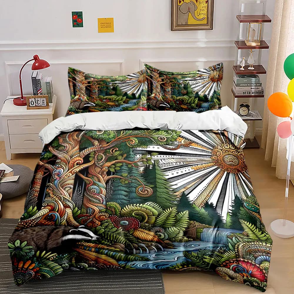 Set di biancheria da letto Badger Forest da 3 pezzi, copripiumino con stampa intricata di mandala Woodland Badger + 2 federe, decorazioni naturali in stile boho