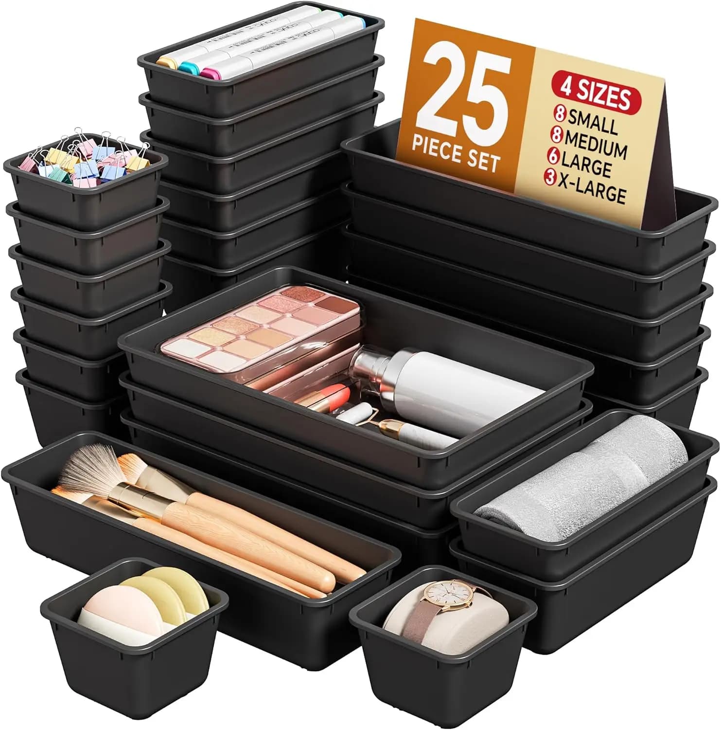 Set di 25 Organizzatori per Cassetti in Plastica, 4 Misure per Trucchi, Bagno, Cucina e Ufficio (Nero)