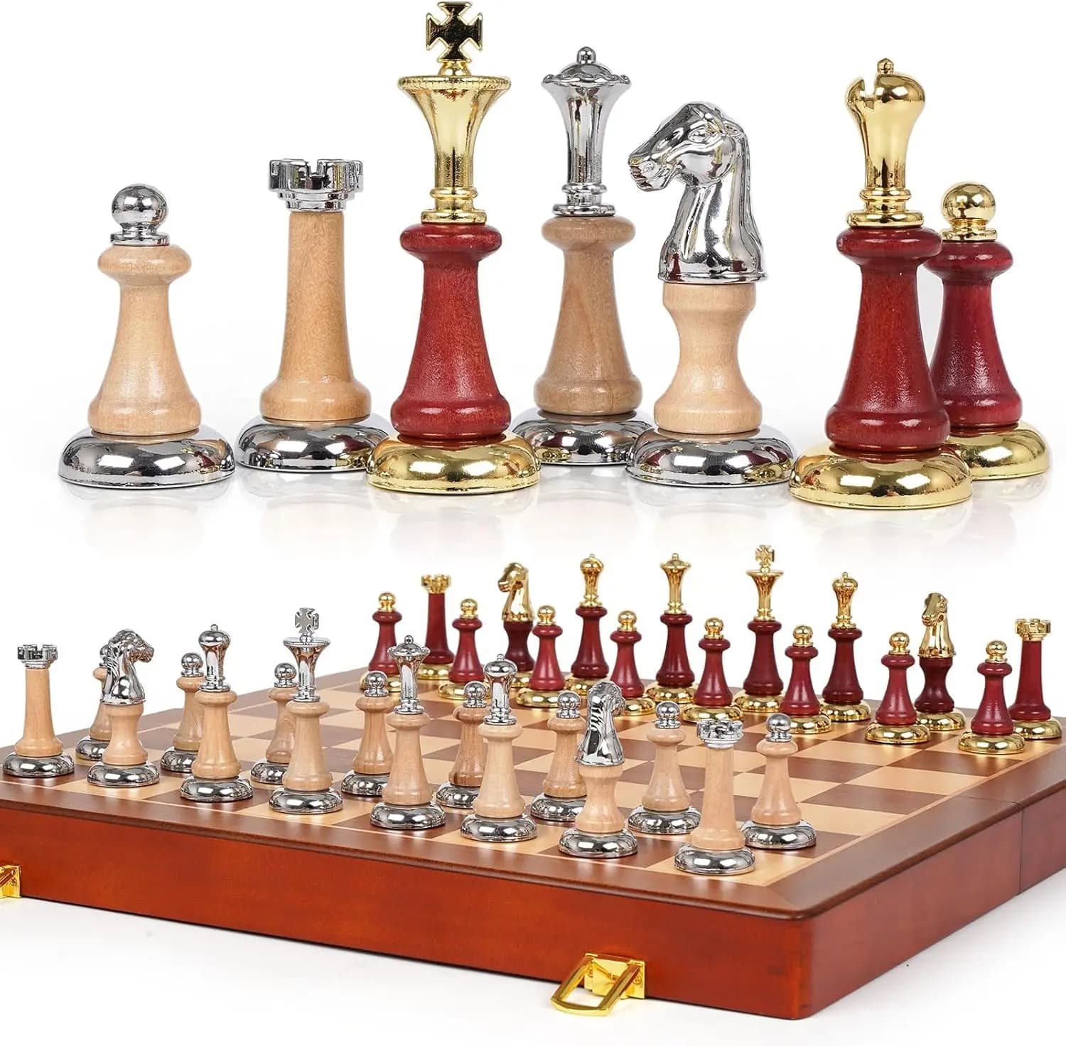 Set di Scacchi in Legno da 17 Pollici con Pezzi in Metallo, 2 Regine Extra, Gioco da Tavolo Strategico Classico per Adulti, Bambini e Principianti