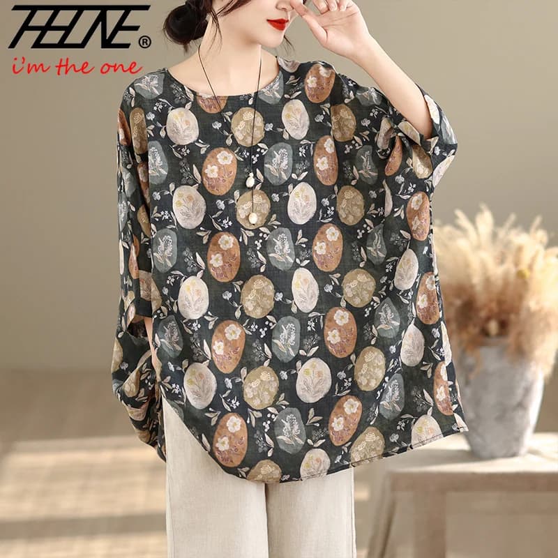 THHONE Plus Size Fashion Women Shirts Print Loose Cotton Linen Blouse Casual Batwing Sleeve Camisas O Neck Blusa Mujer Oversized