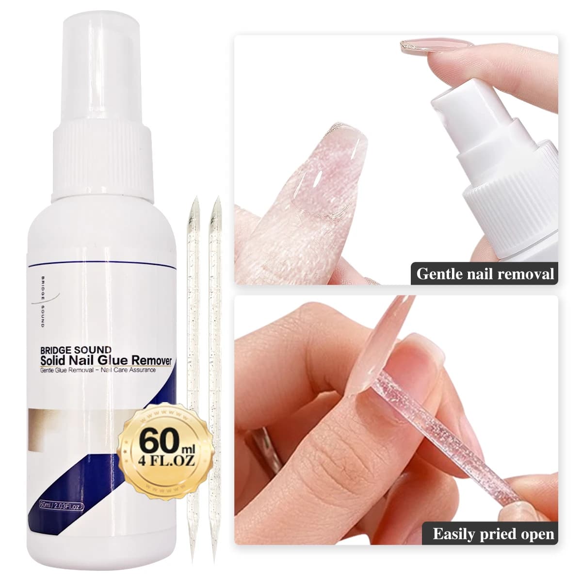 2fl. oz BRIDGESOUND Solid for removing nail glue, easy to remove on fake nails, updated formula, delicate, quick removal of 15 seconds,