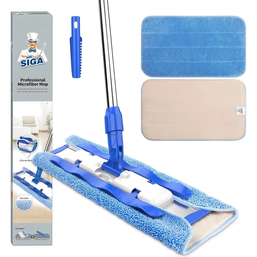 Mop in microfiber for wooden floors, laminate and tiles - 3 refills for reusable flat mop and 1 brush for removing dirt included