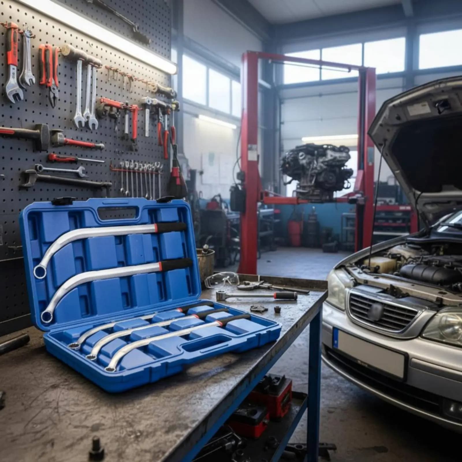 Set di 5 Pezzi: Kit di Utensili per Tensionamento Cinghie a Costine, Chiave Tensionatrice a Cinghia con Manico Lungo per Risparmio di Lavoro, Set di Chiavi a Bussola a Doppia Esagonatura