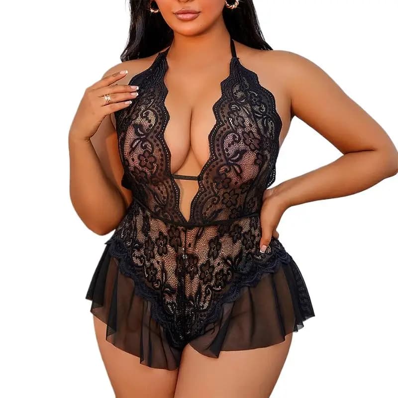 Crotchless Body nero Porno Sexy Curva di pizzo Lingerie da donna Esotico Trasparente Backless 4XL Abito taglie forti Costumi erotici