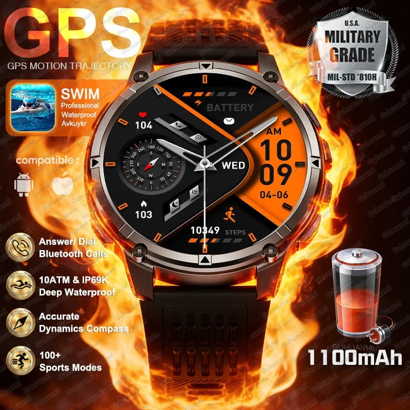 2026 Nuovo GPS Militare 1100mAh Durevole Smart Watch Display AMOLED 120+ Giorni Durata della batteria Orologio 100m Apnea Sport Smartwatch