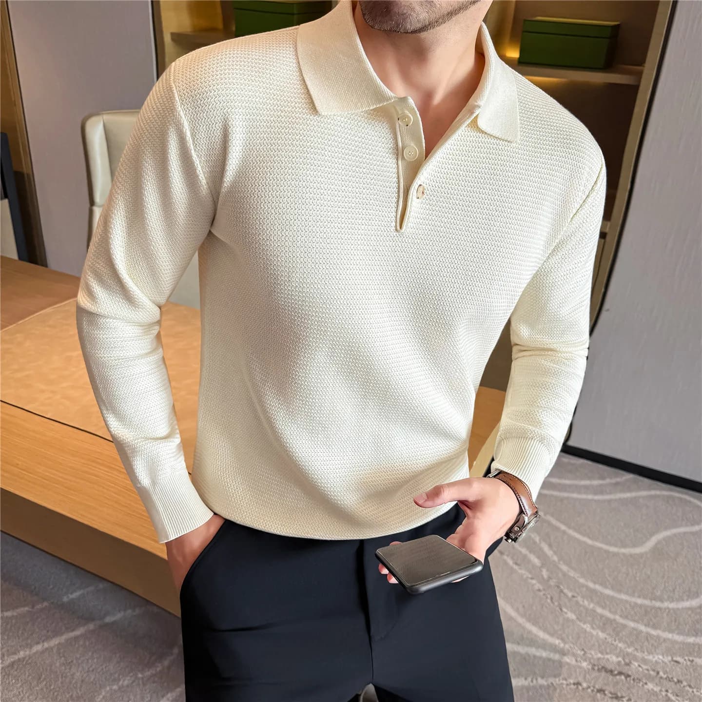 Men's Wool Blend Sweater, Polo Collar Shell Buttons, Old Money Style, Light Beige Gray​