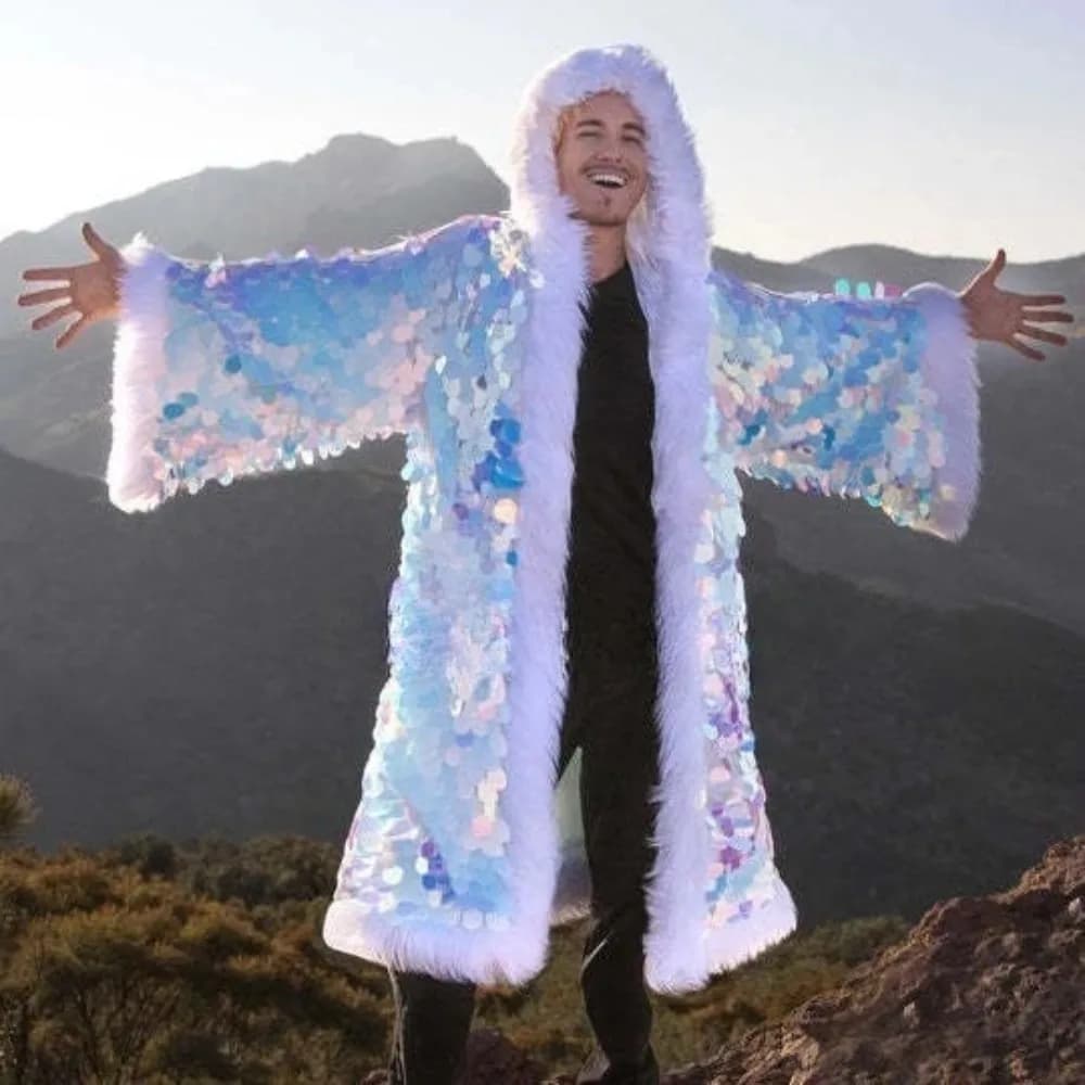Giacca in pelliccia sintetica da uomo Cappotto lungo con paillettes Con cappuccio Soffice caldo patchwork invernale LED Costume Stage Dance Party Cosplay Capispalla