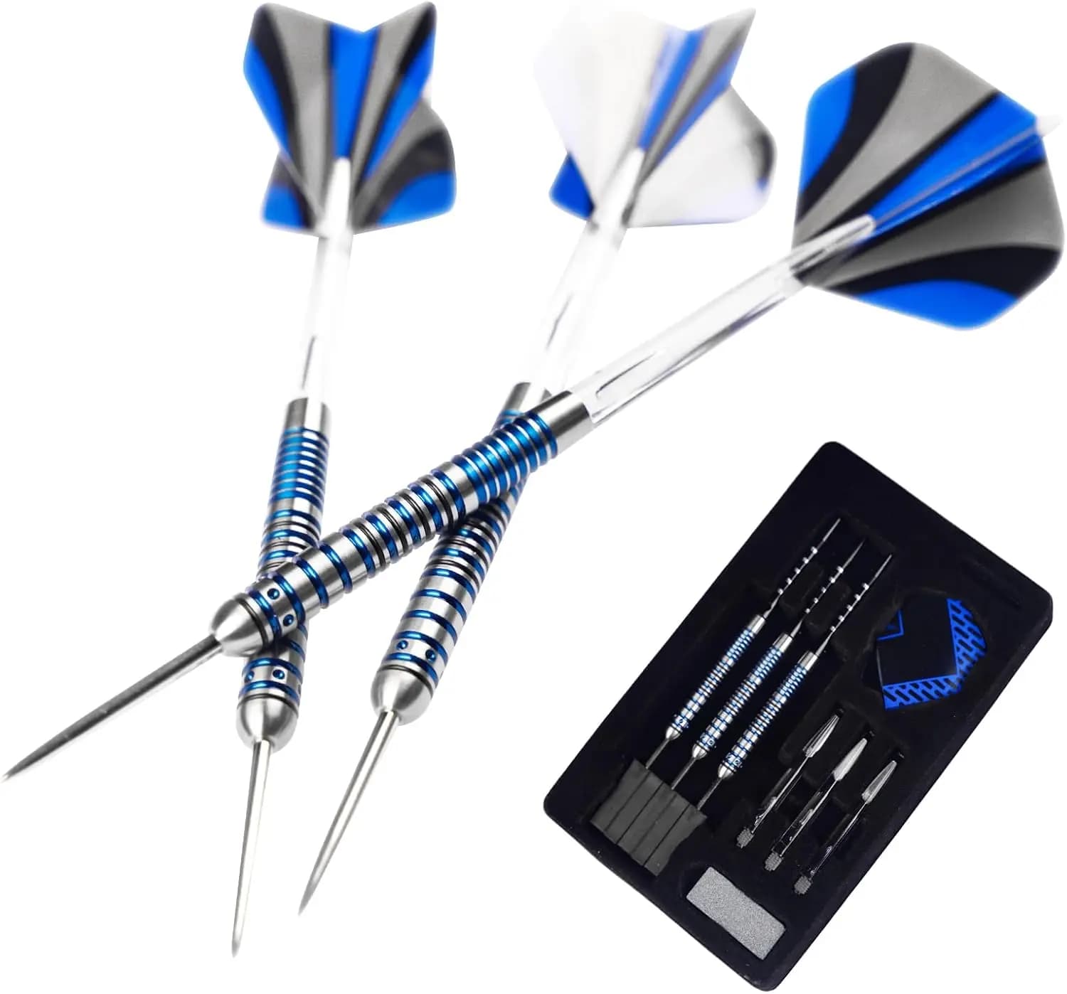 Set di freccette professionali con punta in acciaio al tungsteno da 21g-24g, aste in alluminio, alette di ricambio e affilatore