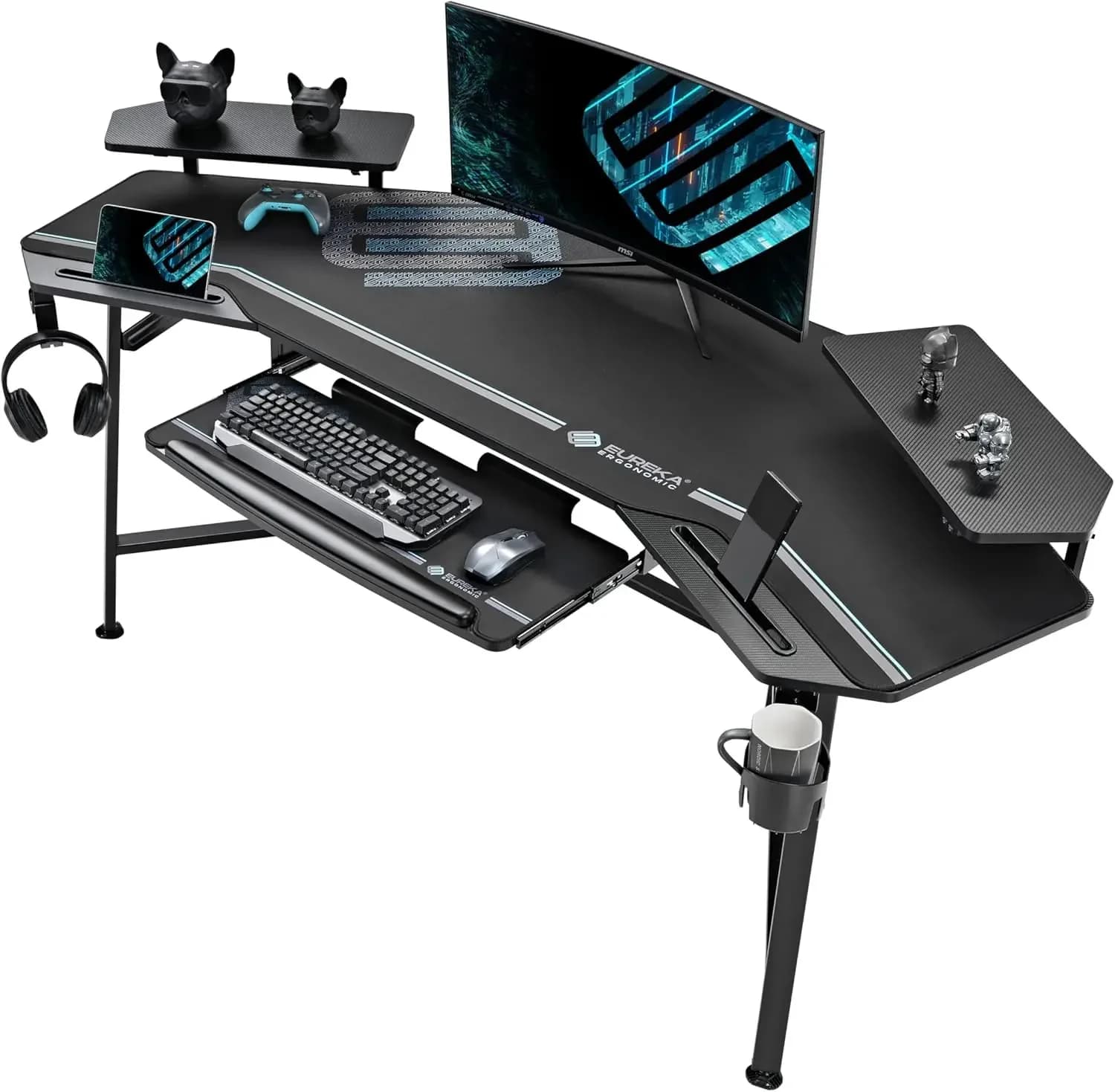 Scrivania da Gaming Aero 72 Pollici con Vassoio per Tastiera, Grande Scrivania per Computer con Luci LED, Supporto Monitor a Forma di Ala, Doppio Gancio per Cuffie e Portabicchieri