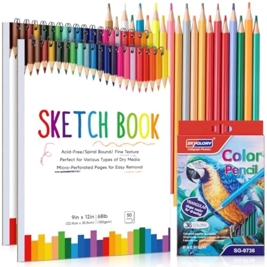 2 Pack Sketch Book with 36 Color Pencil Set, Spiral Sketchbook for Drawing 68lb/100gsm,Acid-Free Sketch Pad for Artist, Art Pap