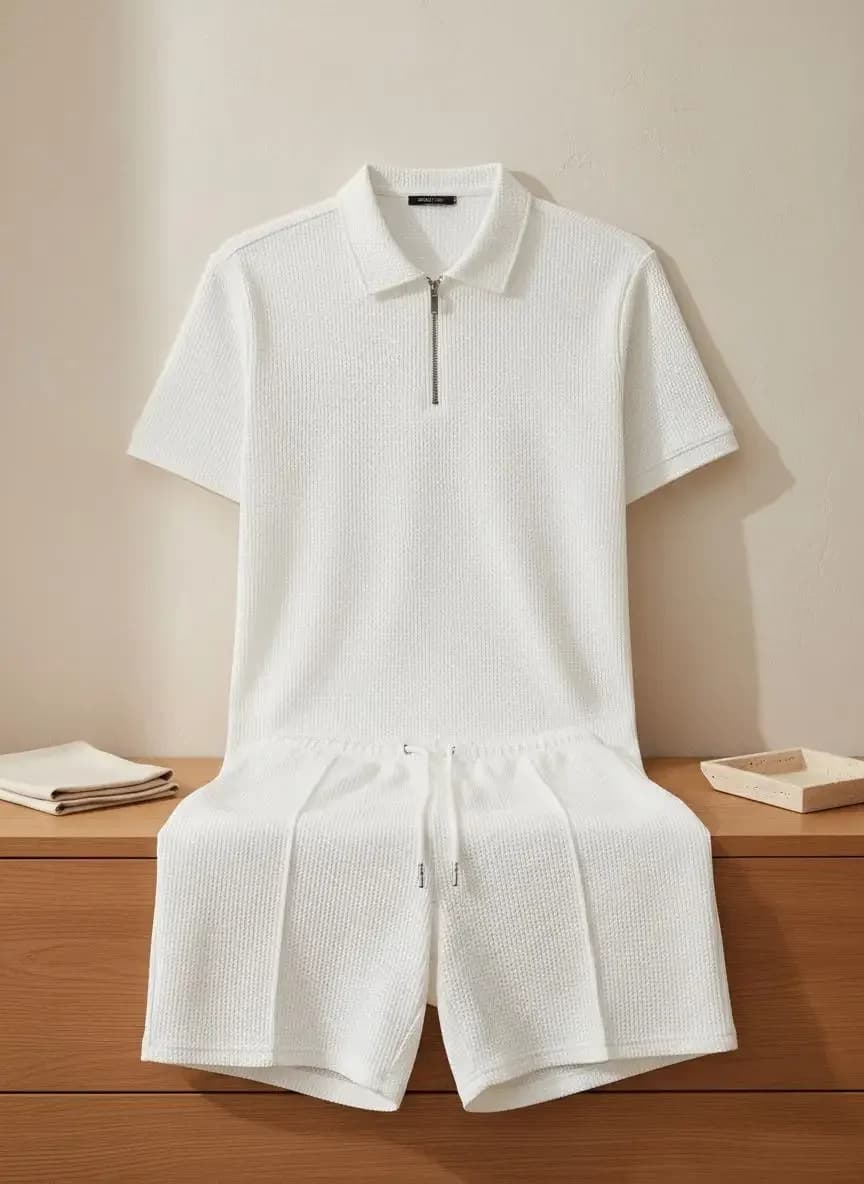 Men's 2026 Summer Casual Waffle Two-Piece Set Zippered Short Sleeve Top with Plain Color Shorts Versatile Daily Wear