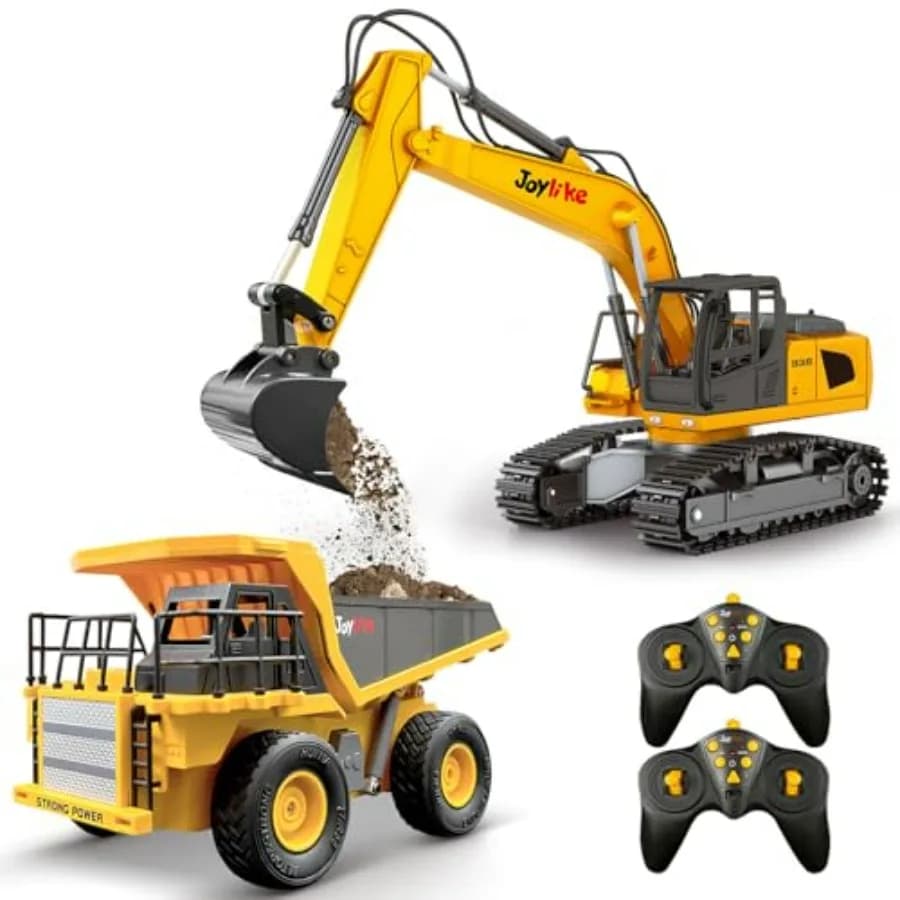 Set Giocattolo Escavatore e Camion Ribaltabile RC 2.4Ghz, Veicolo da Costruzione Telecomandato in Metallo con Luci e Suoni, Miglior Regalo di Natale per Bambini