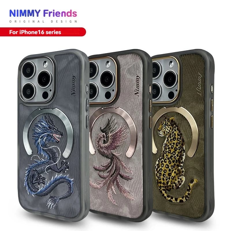 Custodia protettiva con ricamo 3D Dragon Phoenix per iPhone 16 Pro Max Custodia magnetica per caricabatterie wireless Trend Cover alla moda originale