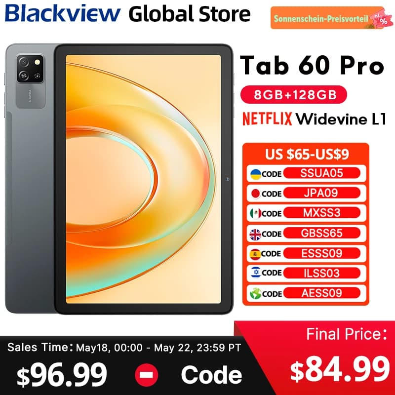 Tablet Blackview Tab 60 Pro, Display IPS HD+ da 10.1'', 8GB 128GB, Octa-core, Widevine L1, 7700 mAh, Android 14