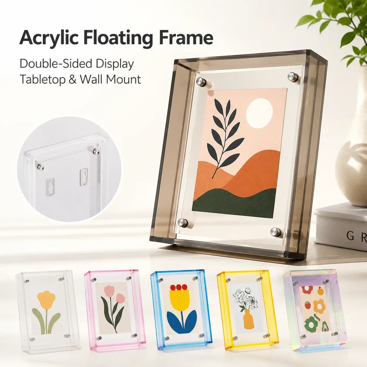 Acrylic Photo Frame Clear Floating Display Stand Wall Hanging Tabletop Picture Holder for Poster Art Prints Cards Puzzle Decor