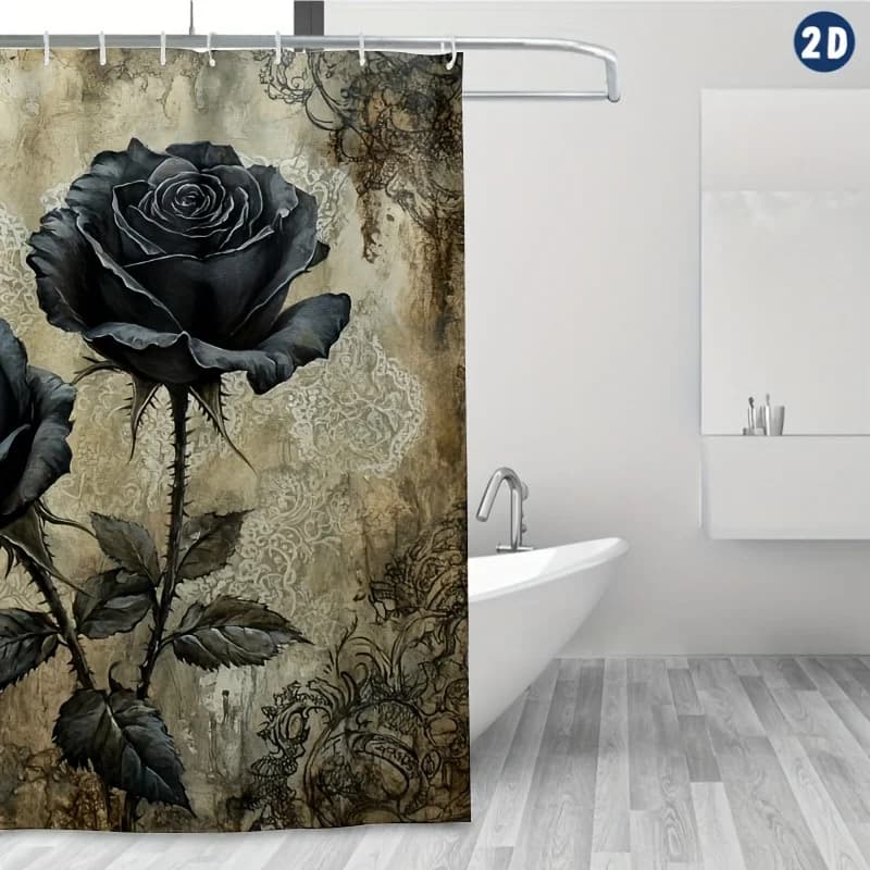 Elegante tenda da doccia romantica gotica per un bagno sofisticato, caratterizzata da un splendido illustrazione di una rosa nera